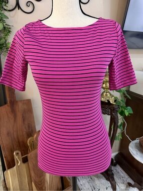 Ralph Lauren Pink and Navy Blue Striped Short Sleeve Tee